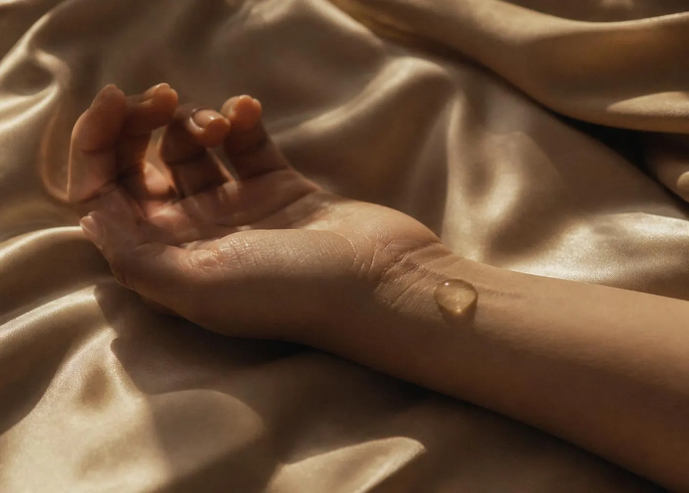 A hand resting on champagne silk, a single golden droplet of oil on the inner wrist